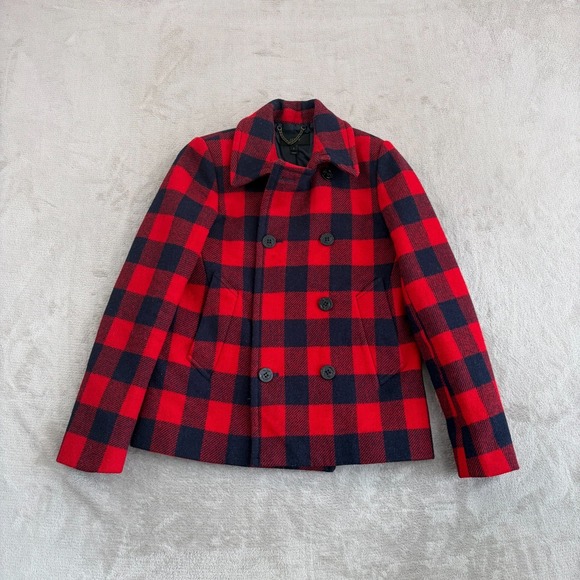 J.Crew Double Breasted Pea Coat Jacket in Red Buffalo Plaid 100% Wool Women 2 - Picture 2 of 12